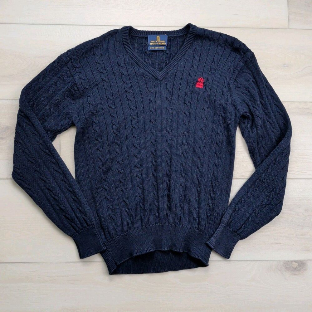 Vintage Kent & Curwen Hand Framed Cable Knit V Neck Sweater‎ Mens M Navy Blue